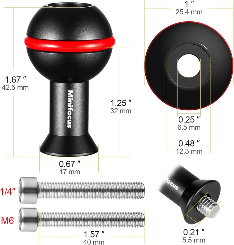 MINI FOCUS 1" Ball Adapter with M6 & 1/4" Threaded Stud, Aluminum Alloy Fixed Ballhead Mount Adapter for Action Camera & Camcorder Compatible Underwater Tray Bracket Flashlight System - Image 3
